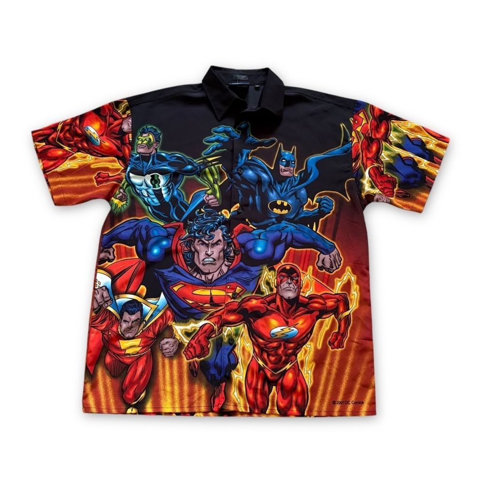 Vintage 2001 DC Comic Superhero All-Over Print Button Up Shirt Size Medium